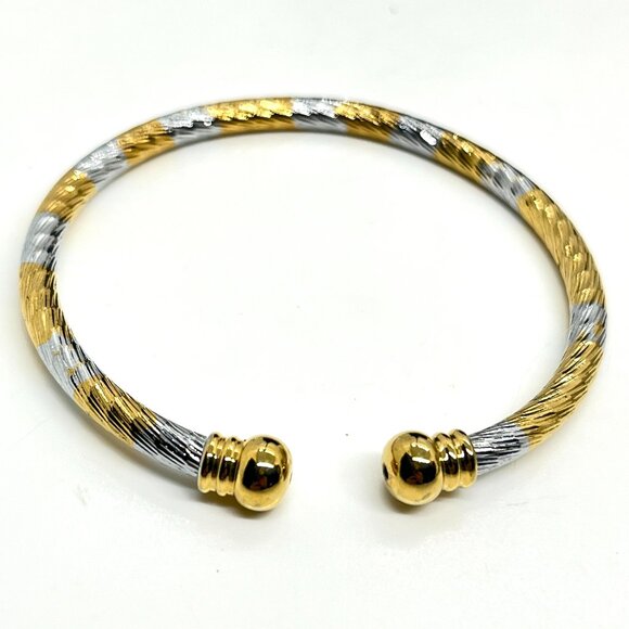 VINTAGE TWO TONE GOLD SILVER TEXTURED CUFF BRACELET RIGID BANGLE STATEMENT - Picture 1 of 10